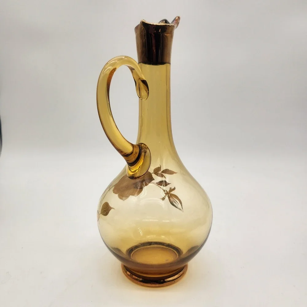 Vintage Moser MCM Limited Edition Amber Glass Decanter Gold Overlay Rose Floral‎